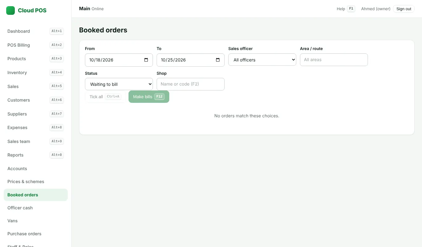 Booked orders: pick the orders and make the bills