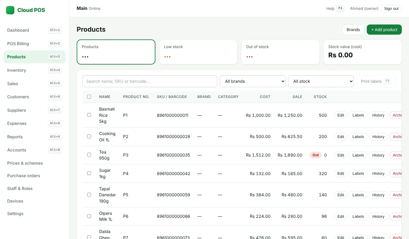 Products: the product list